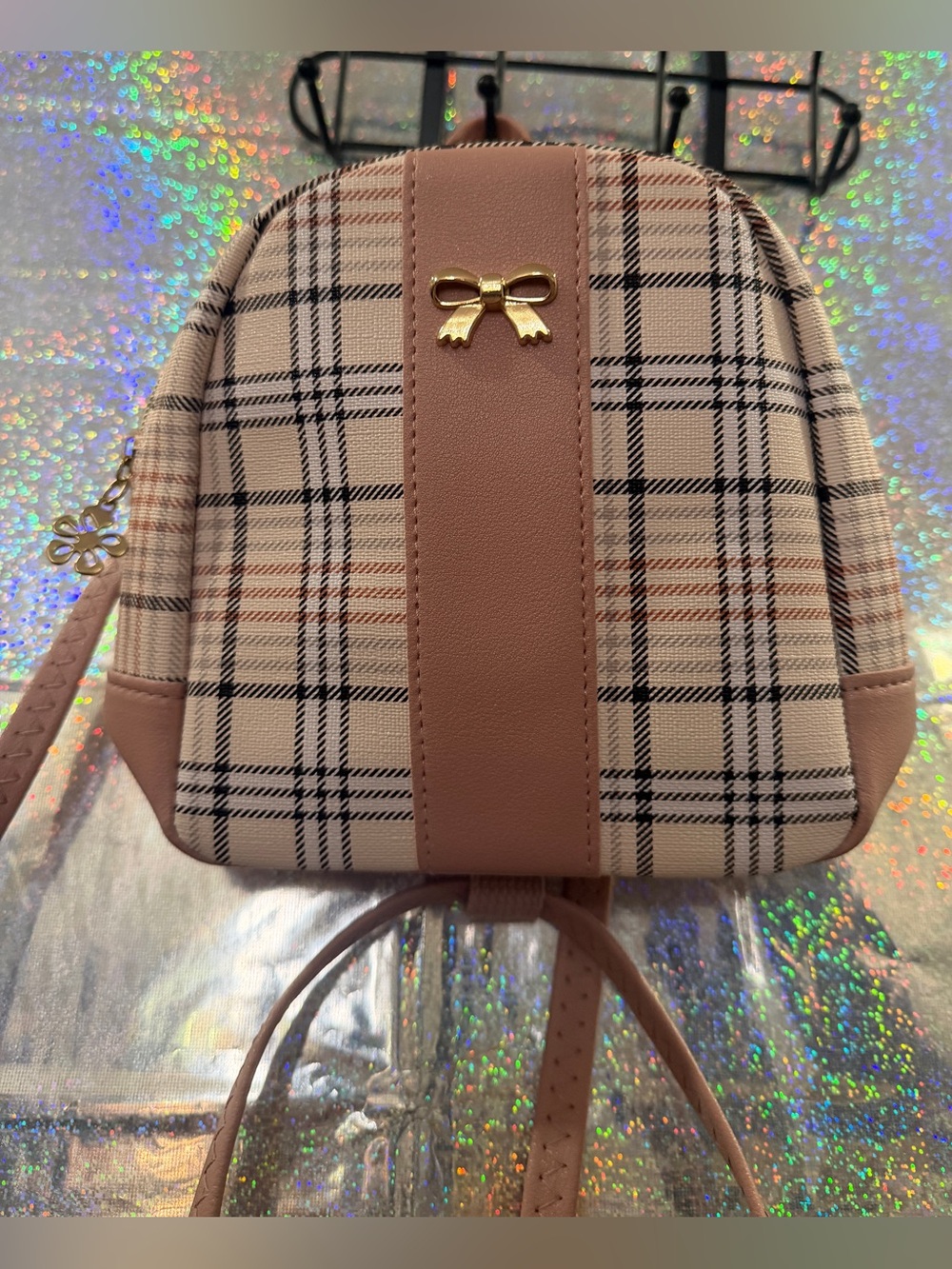 Blush Pink Plaid Mini Backpack with Gold Bow Detail